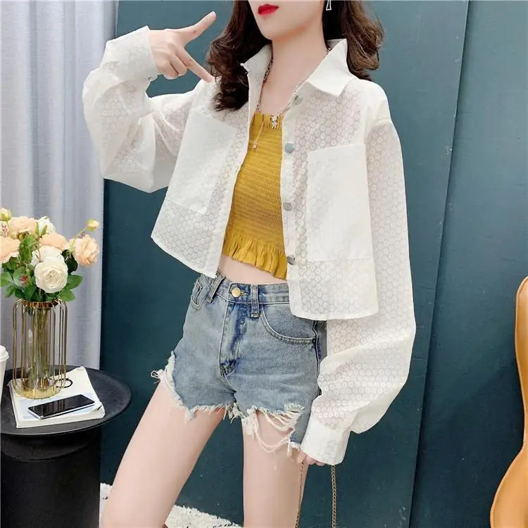 Hong Kong style white short sunscreen shirt for women with niche design and niche summer thin top loose outer sunscreen