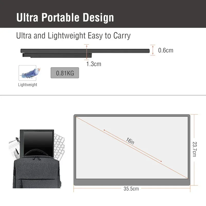 Anmite Monitor touch portatile da 16 pollici 1200P HDR 16:10 Bassa luce blu per XBox PS4/5 Switch Telefono cellulare PC Loptop Estensione