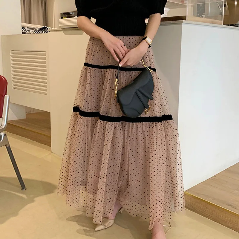 Women\'s Summer Casual Fashion Korean-Style High Waist Black All-Match Lace A- Line Skirt
