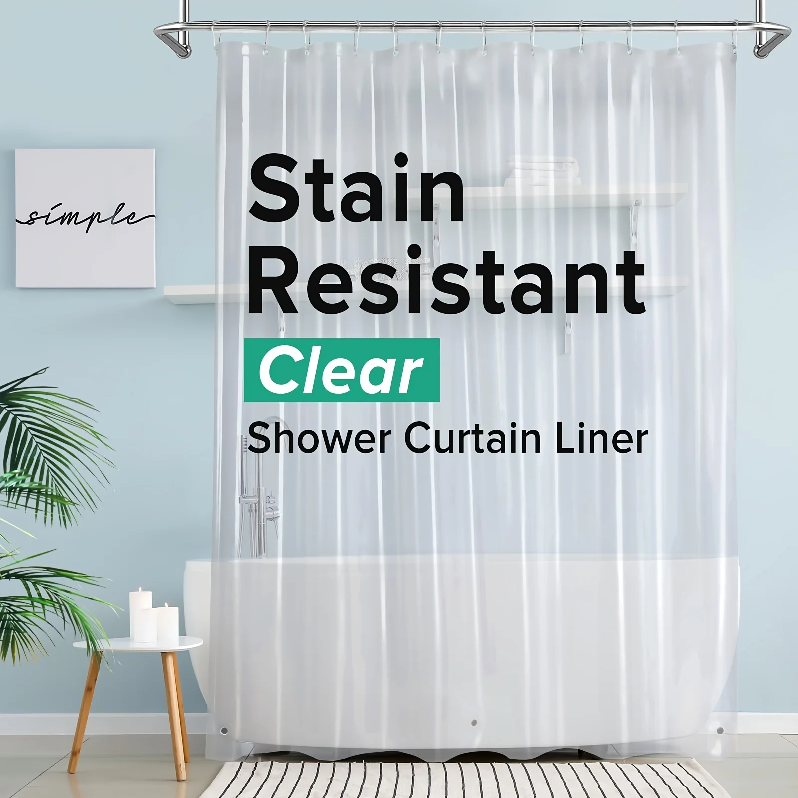 Transparent waterproof plastic shower curtain,100% PEVA 12 hooks,3 magnetic weights,suitable for shower rooms and bathtubs