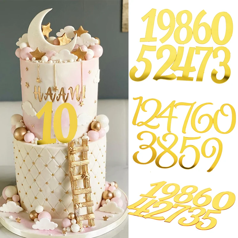 Golden Acrylic Number Cake Toppers Happy Birthday Digital 0-9 Cake Decoration For Wedding Kids Birthday Cake Decor Baking Tools