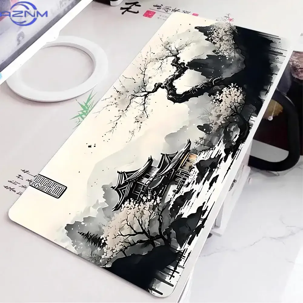 Chinese Ink Wash Mountain Pavilion Plum Blossom Extended Mousepad, Non-Slip Rubber Base Large Desk Mat, Smooth Surface for Gamin