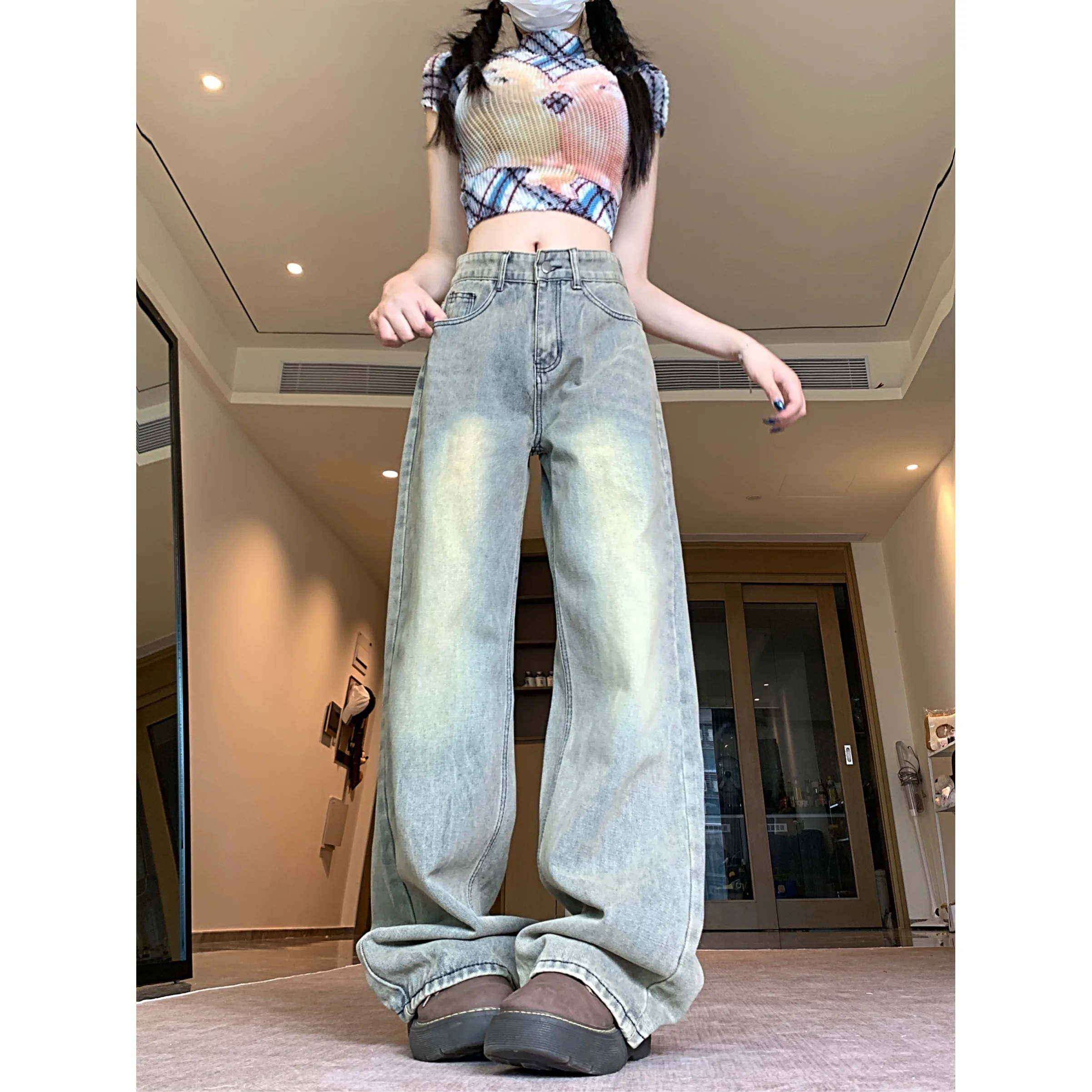 여성용 와이드 레그 청바지, 향수를 불러일으키는 아메리칸 스타일, 루즈핏, 슬리밍 및 다용도 스트레이트 레그 바닥 팬츠