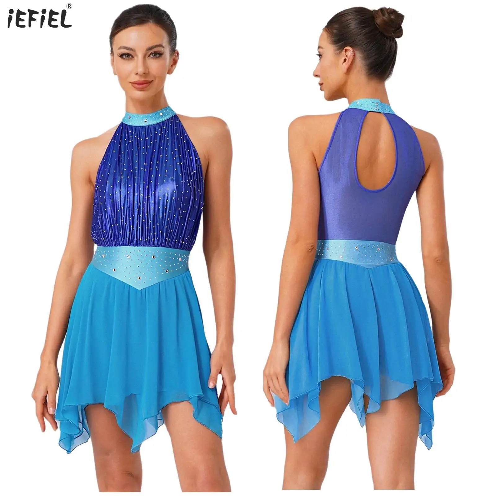 

Women Metallic Lyrical Dance Dress Sleeveless Backless Rhinestone Irregular Hem Ballet Leotard Dress Figure Ice Skating Costumes