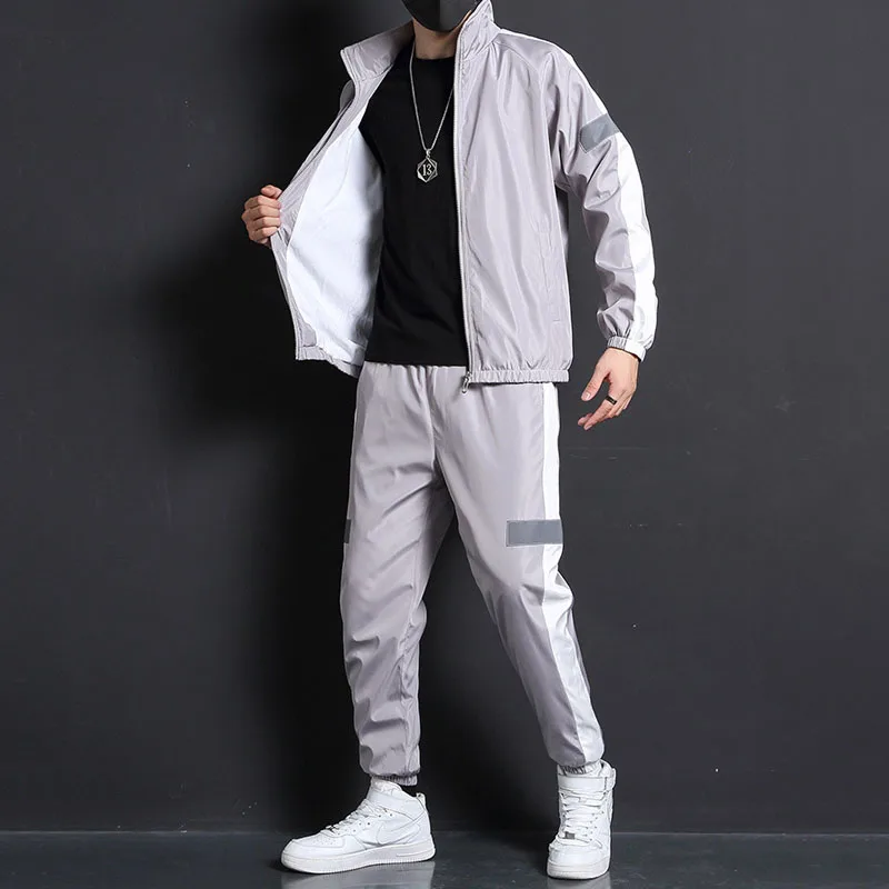 Reflective Sportswear Sets Men Patchwork Hip Hop Tracksuit Suit Male Sweatshirt +Sweatpants Streetwear 2 Pieces Mens Sweat Suits