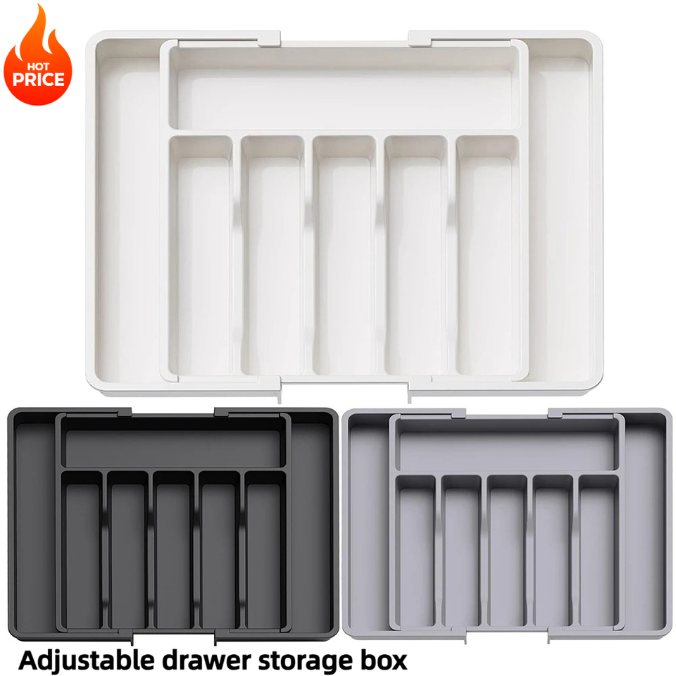  Silverware Drawer Organizer, Adjustable Expandable Utensil Tray, Plastic Cutlery Storage for Flatware, Knives, Spoons, Gadgets 