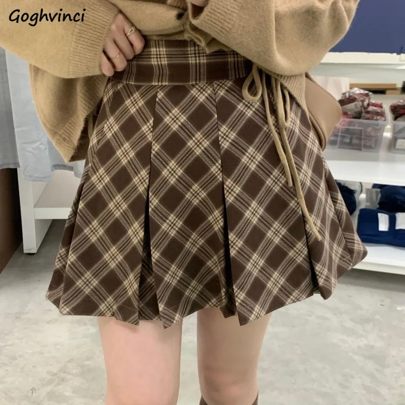 Plaid Brown Skirts for Women Clothes Autumn Winter Preppy Style High Waist A-line Vintage Sweet All-match Ulzzang Streetwear Ins