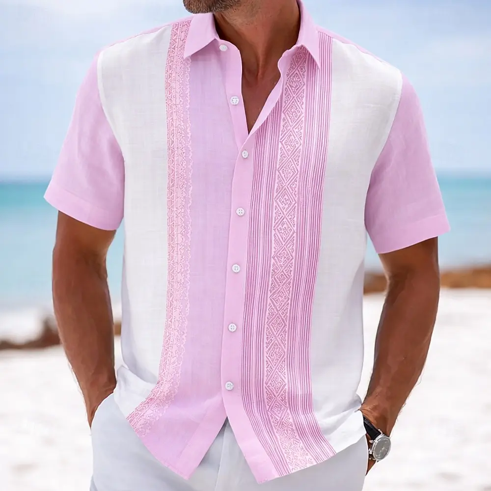 Men's Premium Guayabera Ethnic Style Shirt, Luxury Casual Design For Summer Vacation, High-End Beachwear & Daily Style