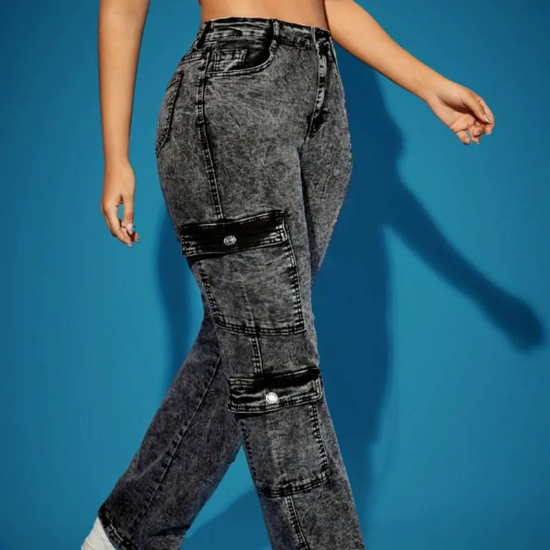 جينز نسائي فاخر لعام 2025 على الموضة الأوروبية والأمريكية، سروال طويل من قماش الدنيم متعدد الجيوب عالي المرونة