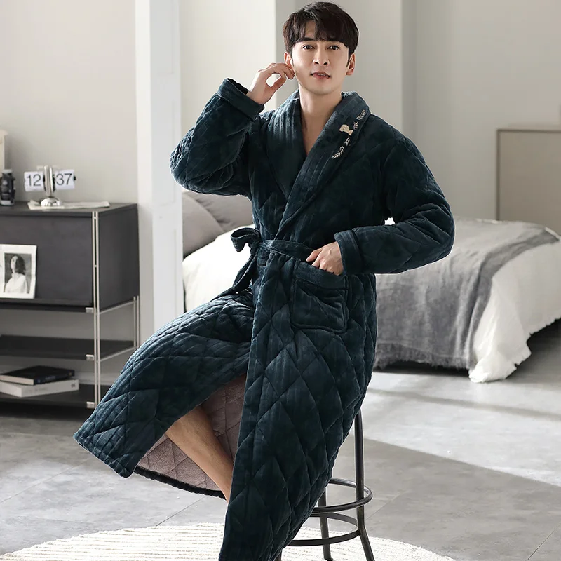 Big Size M-2XL Men Bath Robe 3 Layer Clip Cotton Bathrobe Male Dressing Gown Pijamas Hombre