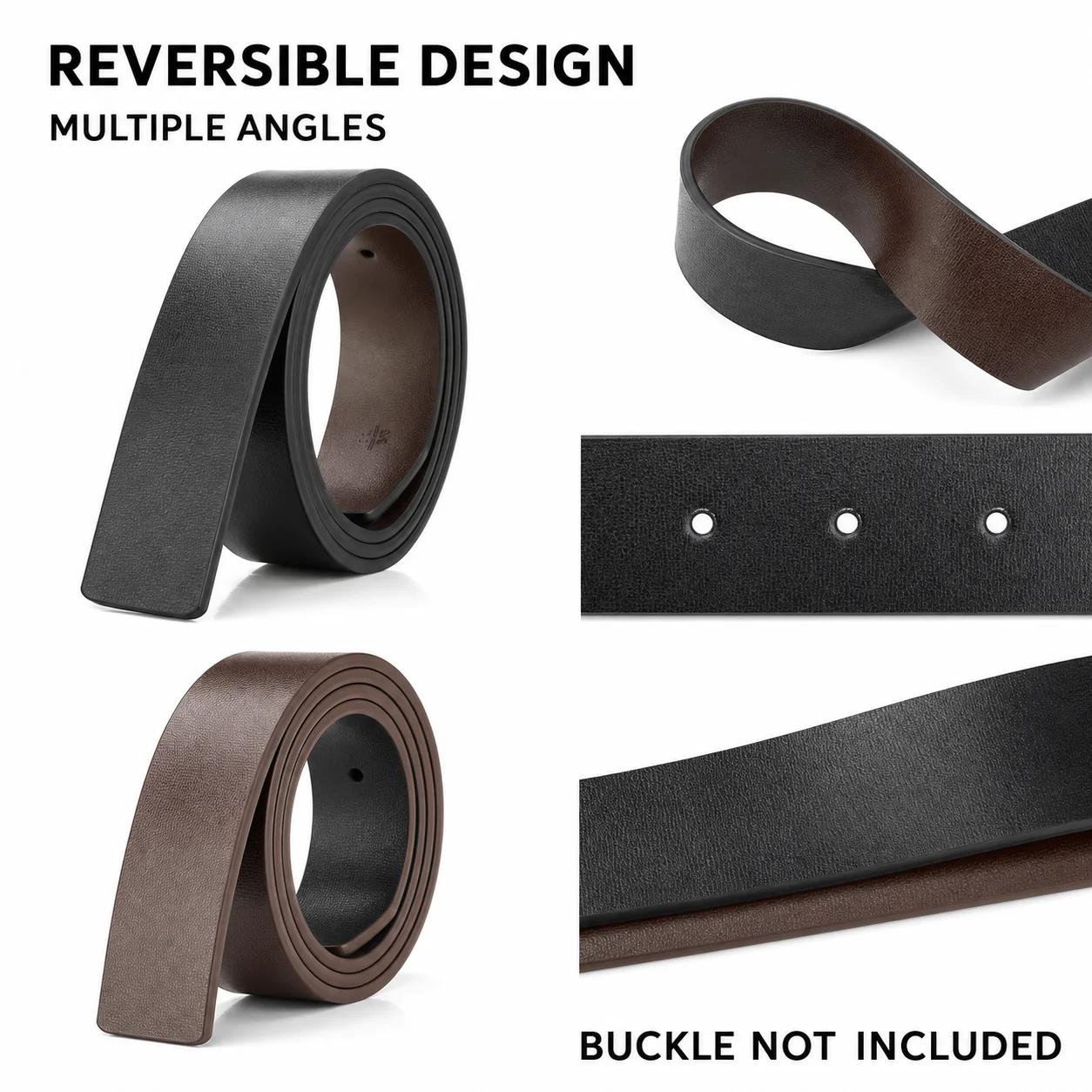Men's PU Leather Double Sided Belt No Buckle Strap Casual Waistband Adjustable Reversible Sided Belt Black Brown 3.3cm Width