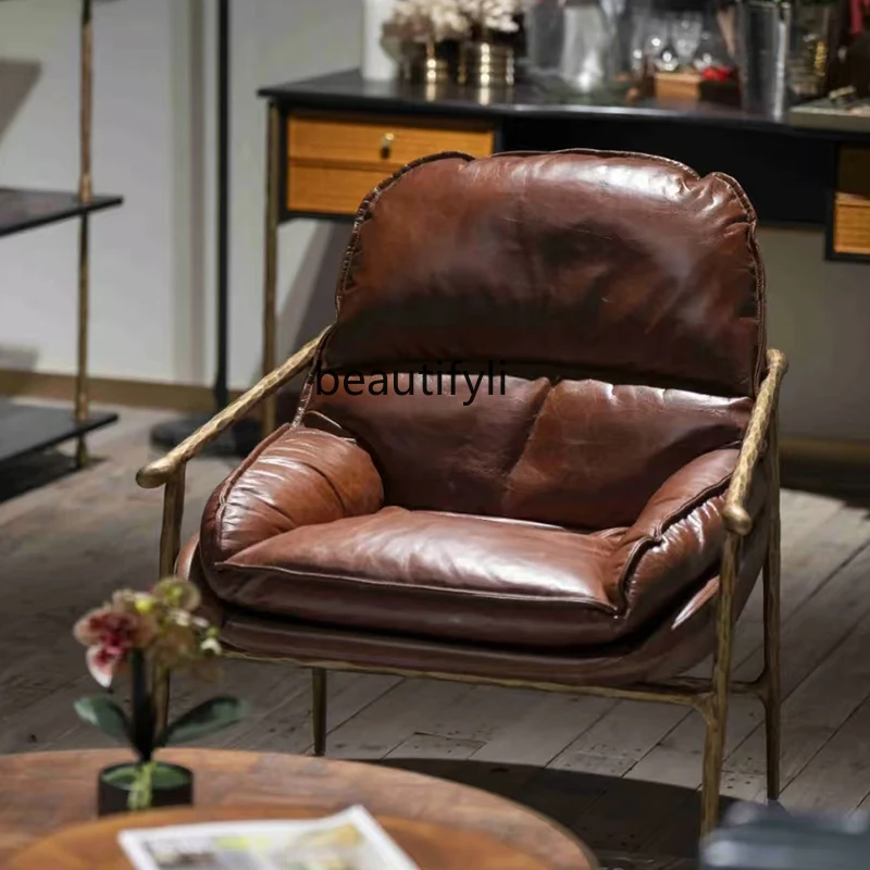 Nordic retro leather single sofa, simple medieval hand-forged wrought iron oil wax leather leisure chair