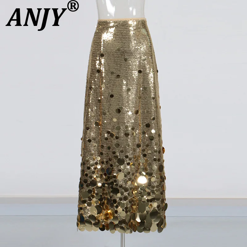ANJY 2026 Spring New Women Trendy Personality Sequined Spliced Slim Fit Skirts High-End Elegant Fashion Ins Evening Dress A19571