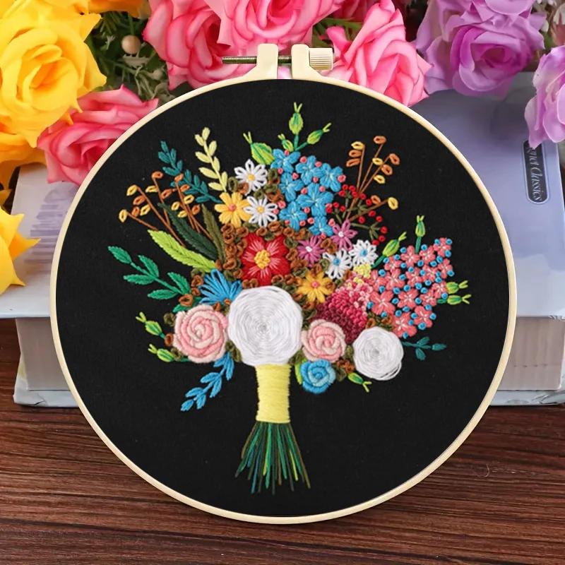 Flower Bouquet Embroidery Starter Kit Cross Stitch Set Beginner Plant Sewing Art Craft Painting DIY Home Decor Embroidery Set