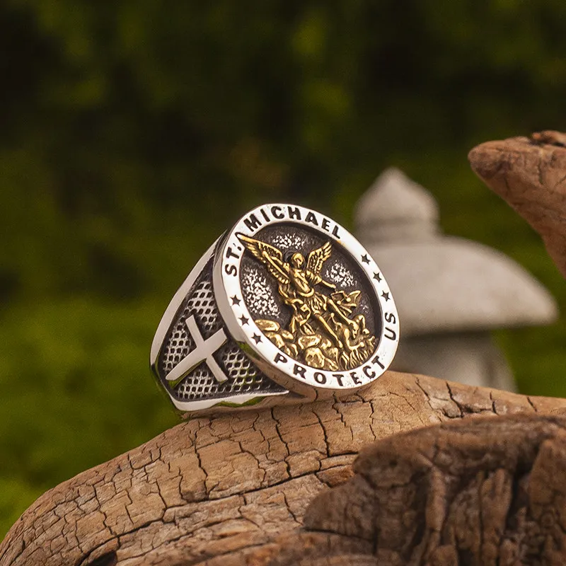 Retro Guardian Angel Signet Ring for Men Women Titanium Steel Engraved Band Large Size Unisex Gothic Rock Jewelry Couple Gift