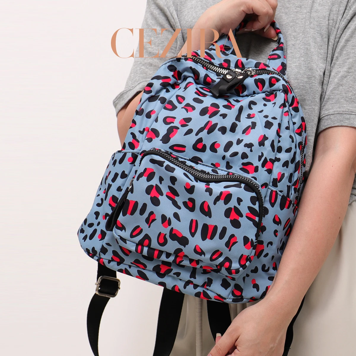 CR Leopard Star Pattern Soft Nylon Backpack Light‑waterproof Multi‑pockets Zipper Knapsack For Ladiy Daily Travel School Fashion