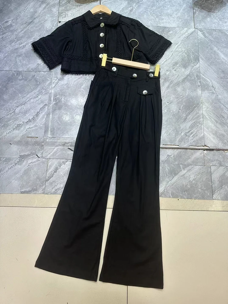 TWOTWINSTYLE Solid Two Piece Set For Women Lapel Short Sleeve Hollow Out Top High Waist Spliced Button Pant Elegant Sets Female