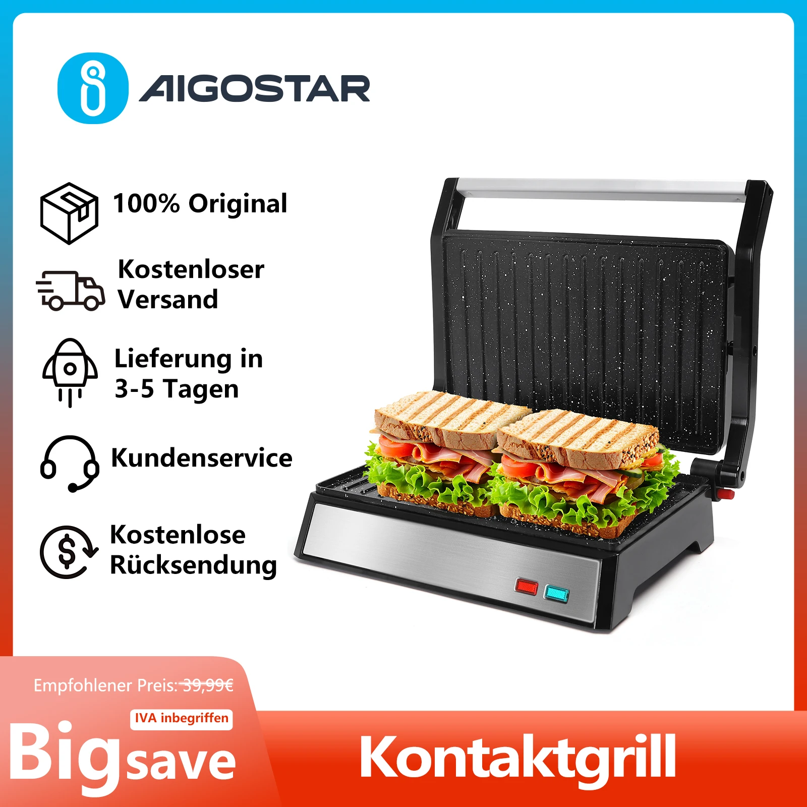 Aigostar Kontaktgrill für Sandwiches， Steak und als Panini Grill， Sandwichmaker mit Antihaftbeschichtung， 1500W Panini Grill mit Abnehmbare Ölsammelbox， 180º Öffnung