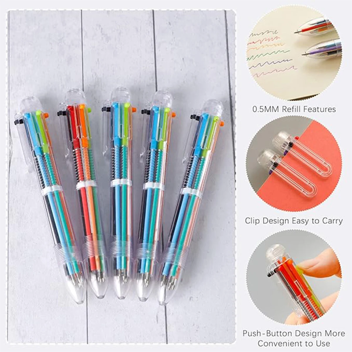 

A ballpoint pen in six different colors, with smooth handwriting and suitable for office, home, and school use