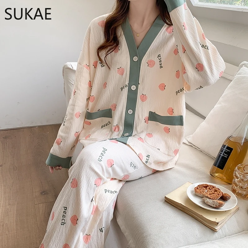 SUKAE Texture Sensation Crepe Cotton Women Pijamas Spring Autumn Kimono V-neck Girls Pajamas Lapel Long Sleeves Lady Homesuits