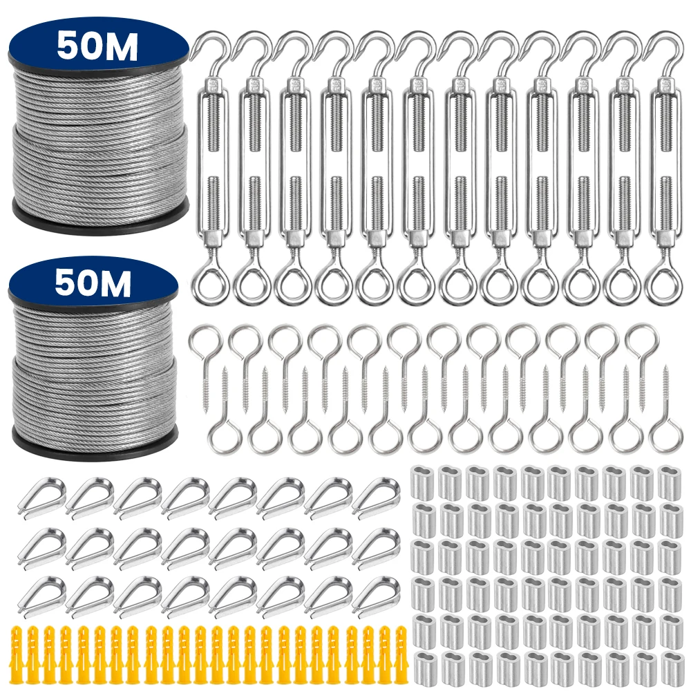 SGYM 146PCS/Set 100 Meter Steel PVC Coated Flexible Wire Rope Soft Cable 304 Stainless Steel Clothesline Garden Diameter 3mm Kit