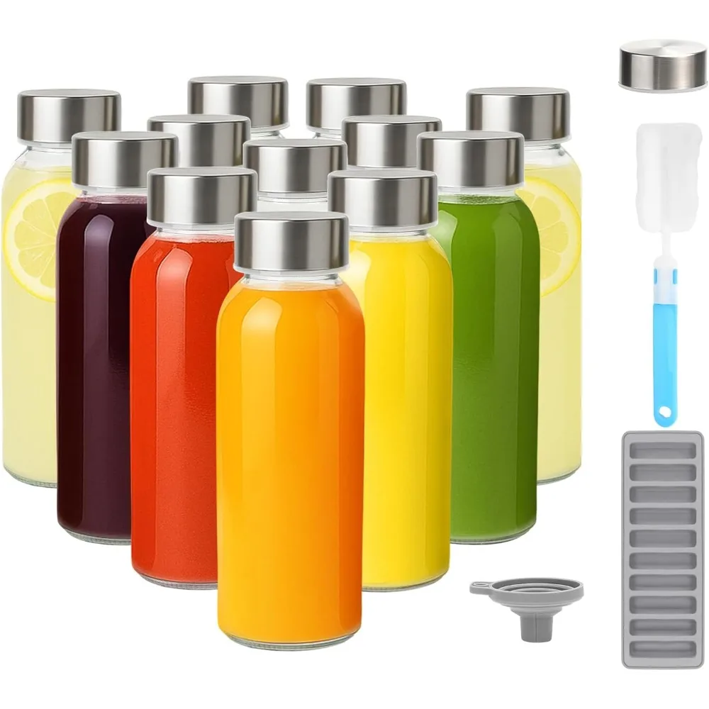 Glass Water Bottles with Lids 10 oz, Reusable Clear Juice Bottles With Stainless Steel Airtight Cap for Juicing, 100% Leak Proo