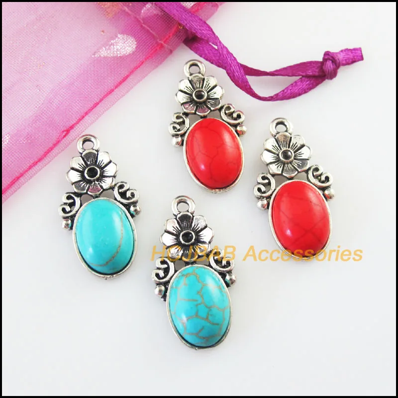 Fashion 8Pcs Retro Tibetan Silver Tone Oval Flower Blue&Red Stone Charms Pendants 15x29mm