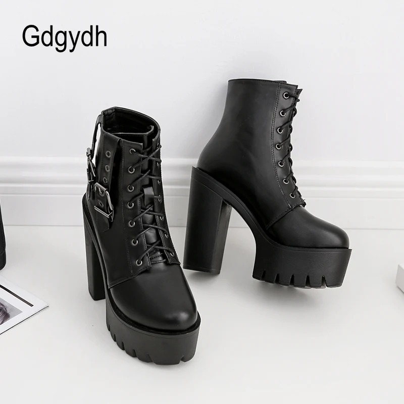 Gdgydh Goth Heeled Boots for Women Nightclub High Platform Heels Shoes Belt Buckle Korean Short Boots with Zipper