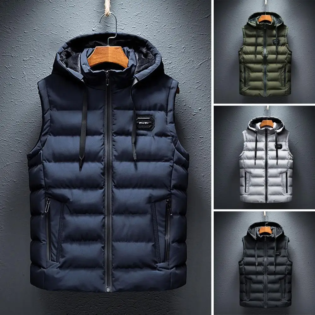 Men Winter Cotton Vest Padded Thick Warm Sleeveless Hooded Drawstring Pockets Zipper Closure Windproof Soft Warm Men Solid Color