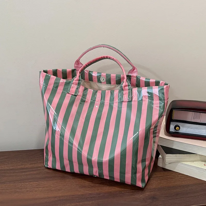 Fashion new PVC striped tote bag women's large-capacity handbag fashion contrast casual shoulder bag