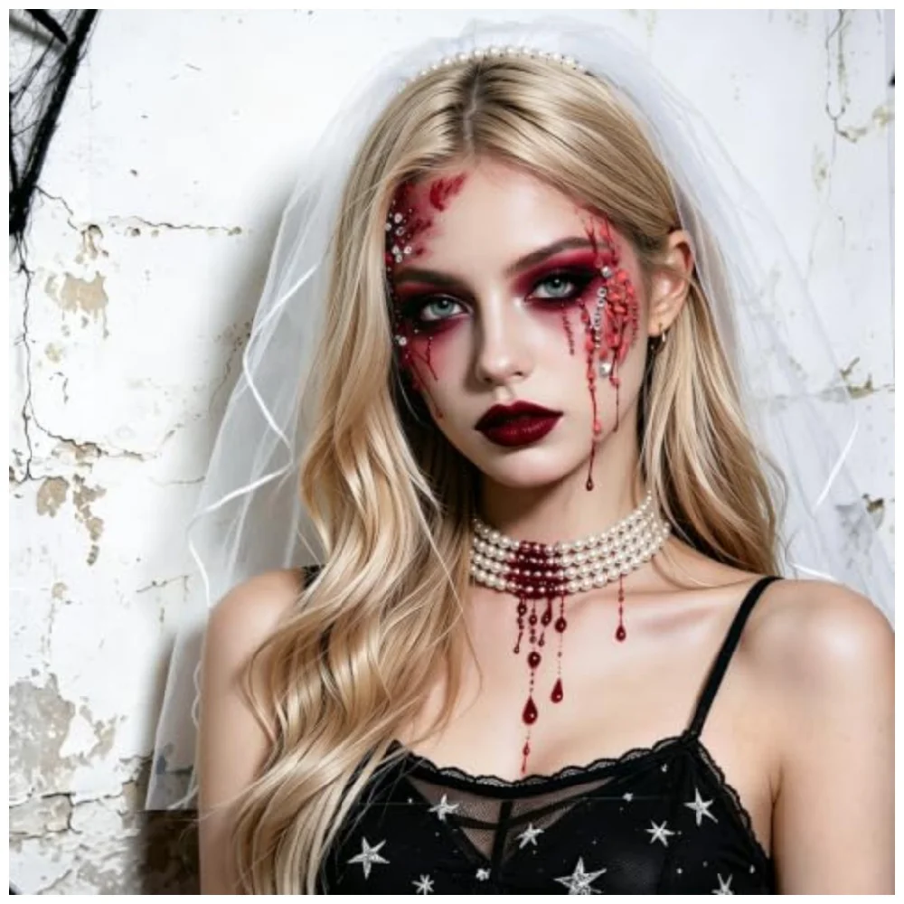 Halloween Red Blood Drop Self Adhesive Face Gems Stickers Set Red Clear Rhinestone Face Jewels for Party Makeup with Tweezers - view 6