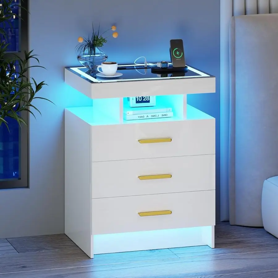 

White Night Stand with Wireless Charging Station,Smart Bedside Table with 3 Drawers,Modern Glass Top End Table with 3 Color