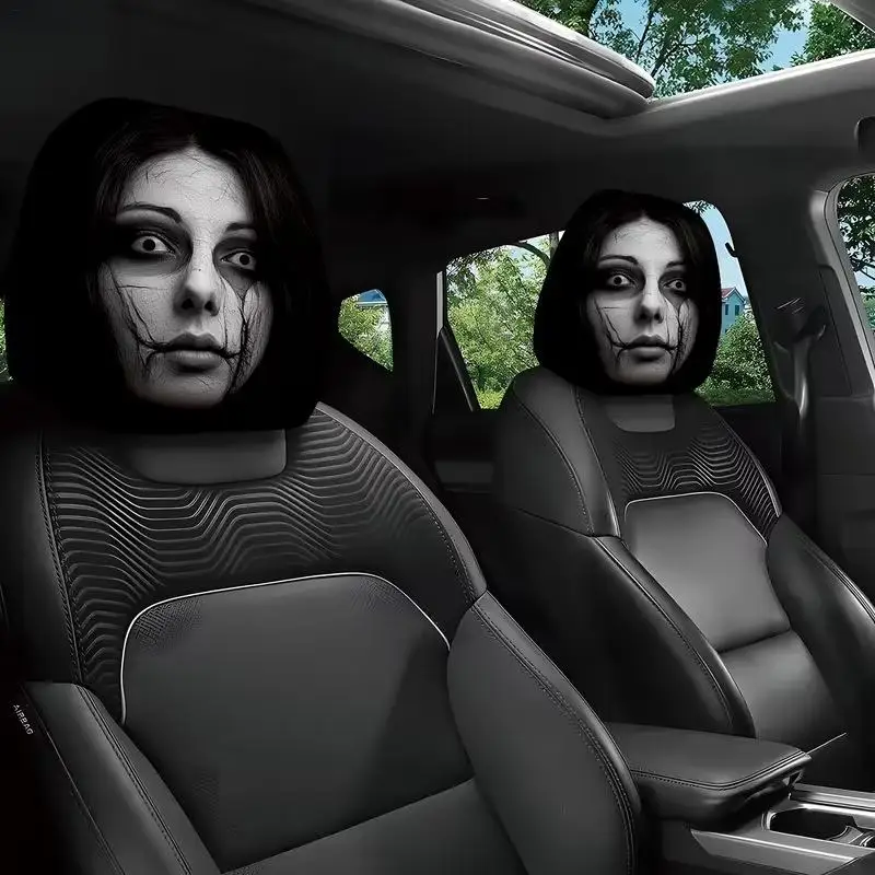 2pcs Headrest Covers For Cars Automotive Seat Guard Cute Scary Face Pattern Cartoon Car Headrest Covers For Decoration