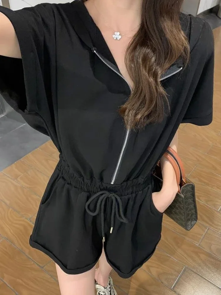 Playsuits ผู้หญิง Hooded Design Leisure Sporty ขากว้างฤดูร้อนแฟชั่น Casual Streetwear ทุกวันเอวสูง Solid Ulzzang ง่ายใหม่