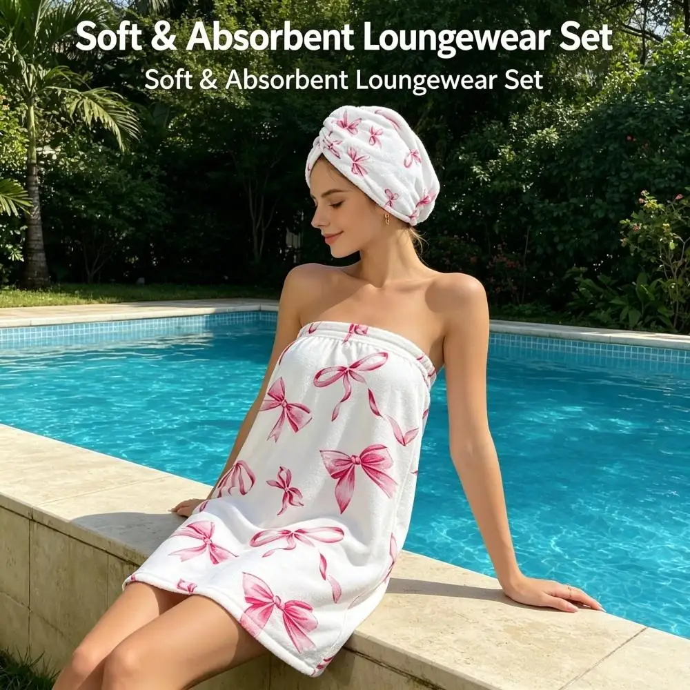 Women's Bow Print Bath Wrap & Hair Towel Set – Absorbent Quick Dry Adjustable Wrap with Turban, Gift Home Travel Sauna