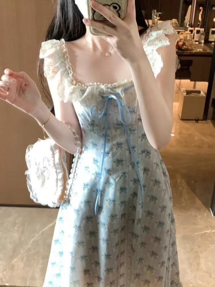 Gentle Lace Square COLLAR ดอกไม้ชุดยาวผู้หญิงฤดูร้อนแขนกุดเอวสูง SLIM FIT A-Line Ruffle PARTY Dresses ใหม่