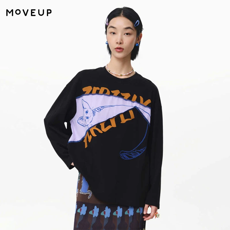MOVEUP Loose Long Sleeves Round Neck T-Shirt 2026 Spring Ribbed Cartoon Print Drop Sleeves Casual Office Top For Women 325110518