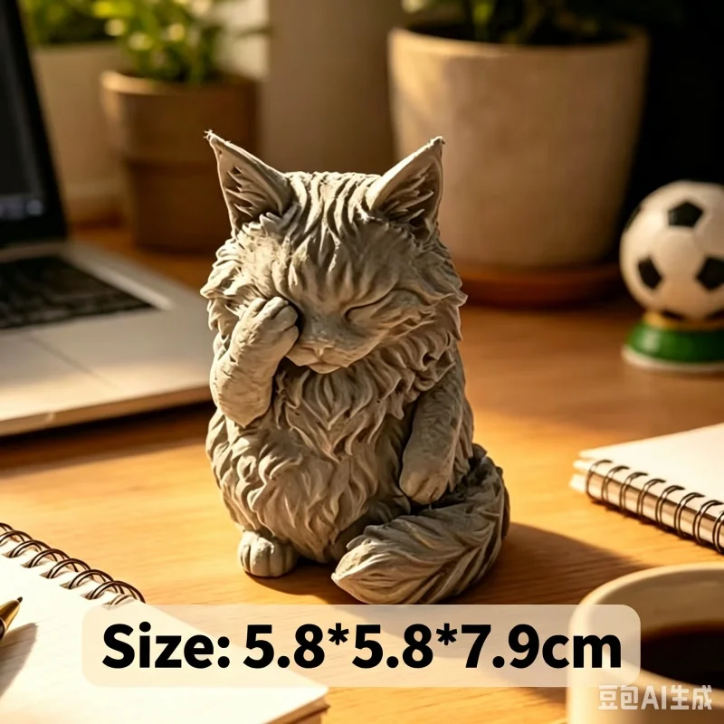 Newest 3D Print Shy Face Palm Maine Coon Cat Statue Cute Fluffy Kitten Resin Figurine Office Desk Home Decor Ornament