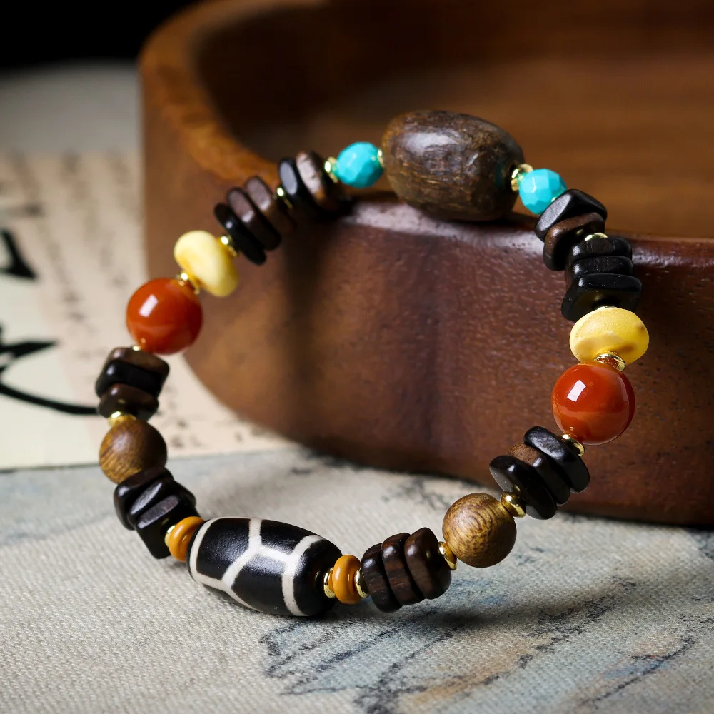 

Original Darakan incense wood strings cultural toys Tibetan jewellery rich dzi beads beeswax cake country style bracelet