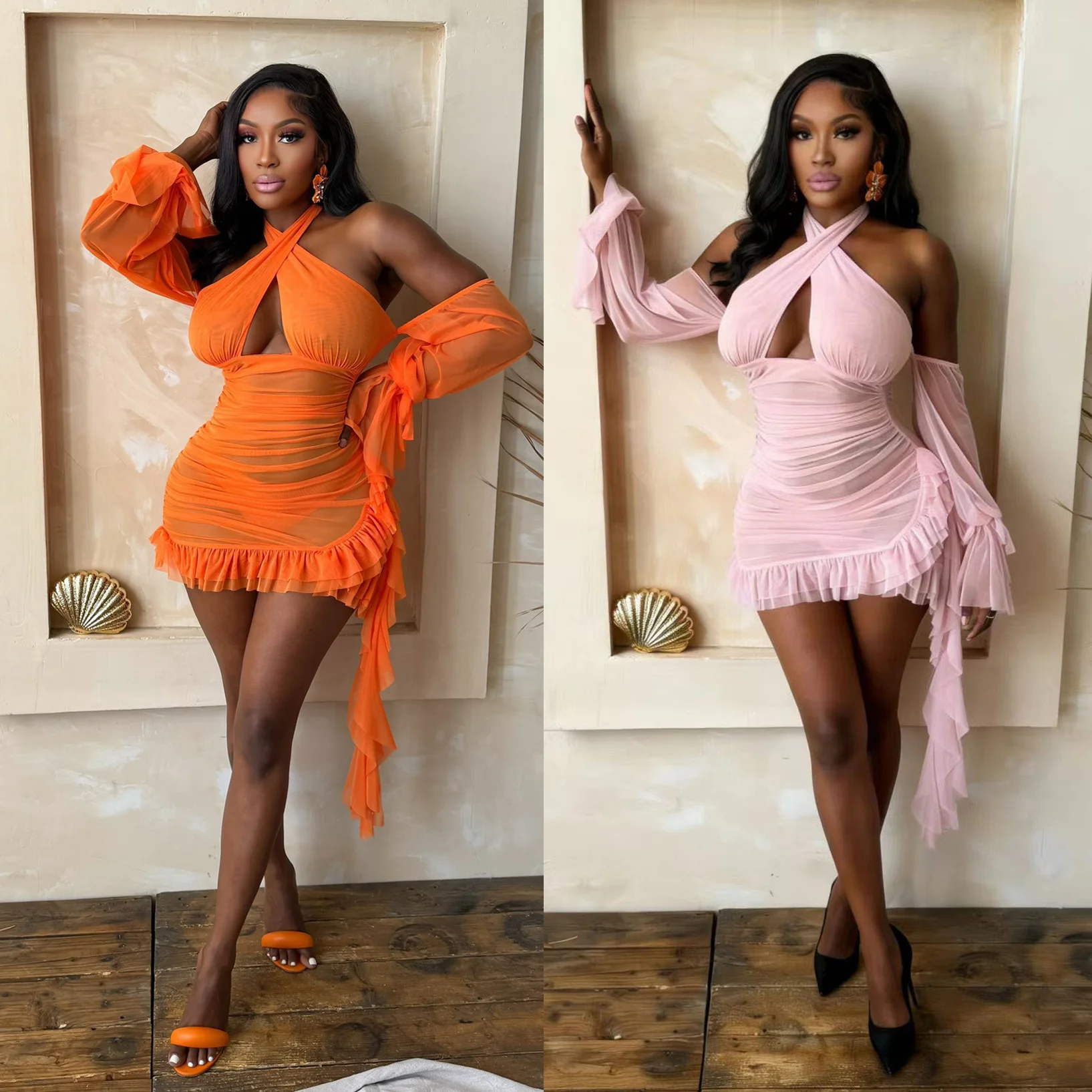 

Halter Mesh Ruffle Sexy Dress Lady Party Bodycon Evening Dresses 2026 Women Summer Elegant Luxury Prom Luxury Slit Dresses