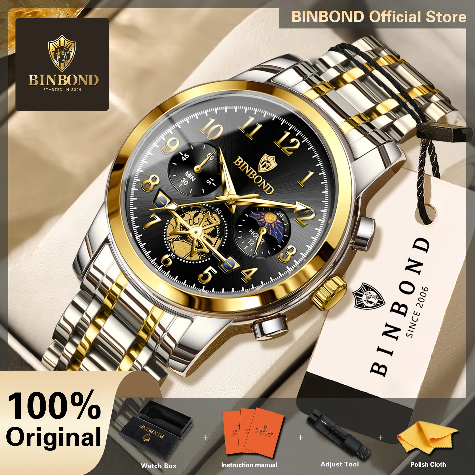 BINBOND Orginal Chronograph Relojes Luminous Waterproof Men's Watches Stainless Steel Quartz Watch For Men Luxury Reloj +Box