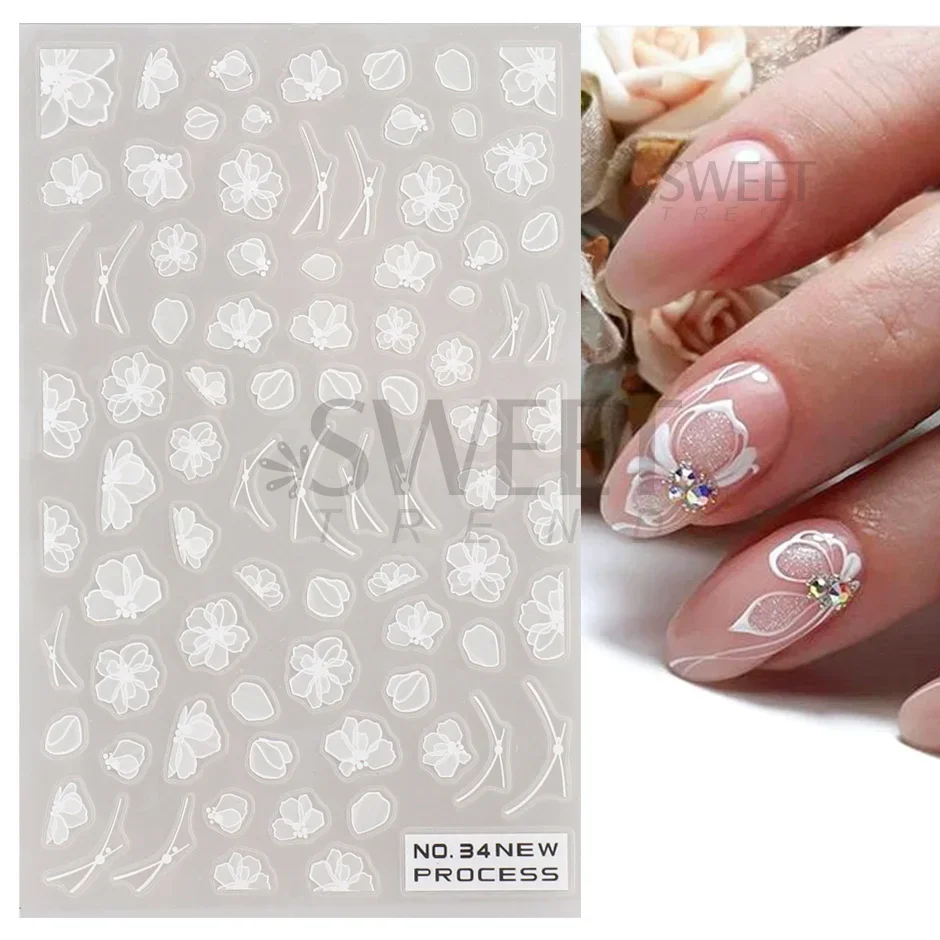 Pegatina artística de uñas con flor de encaje blanco, deslizadores adhesivos acrílicos con dijes florales, calcomanía de manicura con diseño de línea Simple para novia y boda elegante