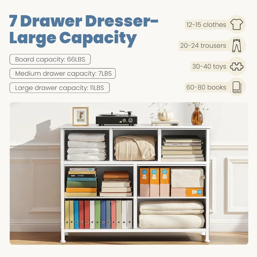 Comò porta TV per soggiorno e camera da letto con 7 cassetti in tessuto, organizer per riporre oggetti per centro di intrattenimento per abbigliamento