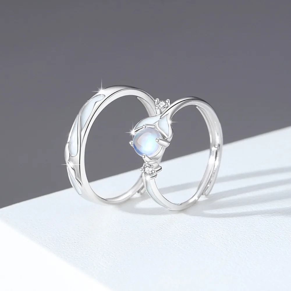 Trumium 925 Sterling Silver Glowing Moonstone Fishtail Couple Rings, Adjustable Matching Promise Rings for Men Women Lovers