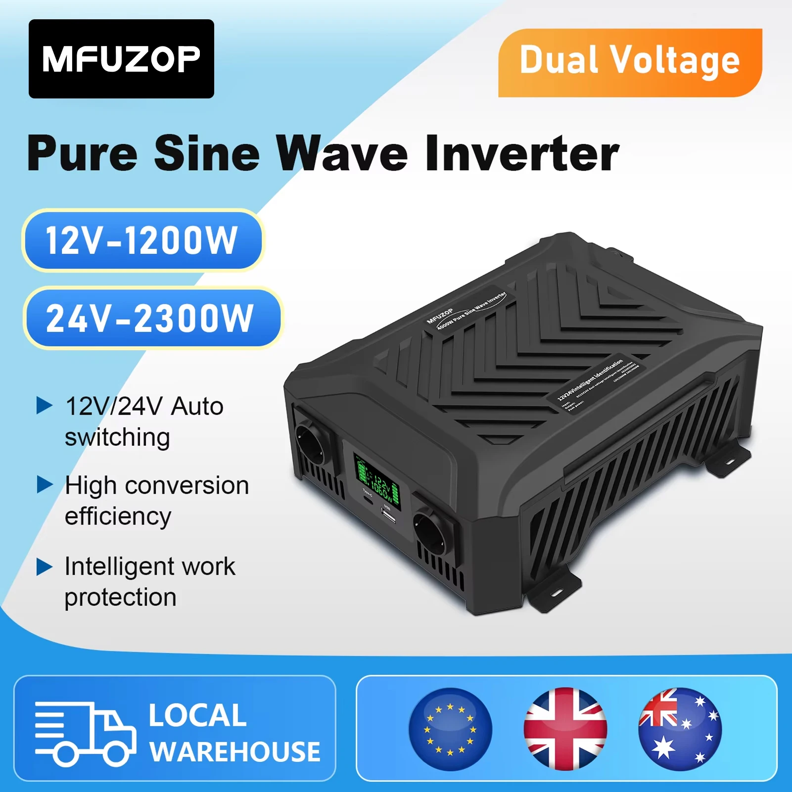 MFUZOP 1200W Solar Inverter 12V 24V Pure Sine Wave Auto Dual Voltage