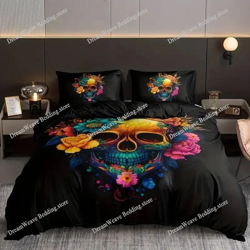 Gothic Skull Duvet Cover Set Queen Size, Black and White Skull Bedding Set for Boys Teens Men, Retro Floral Comforter Covers Set 2