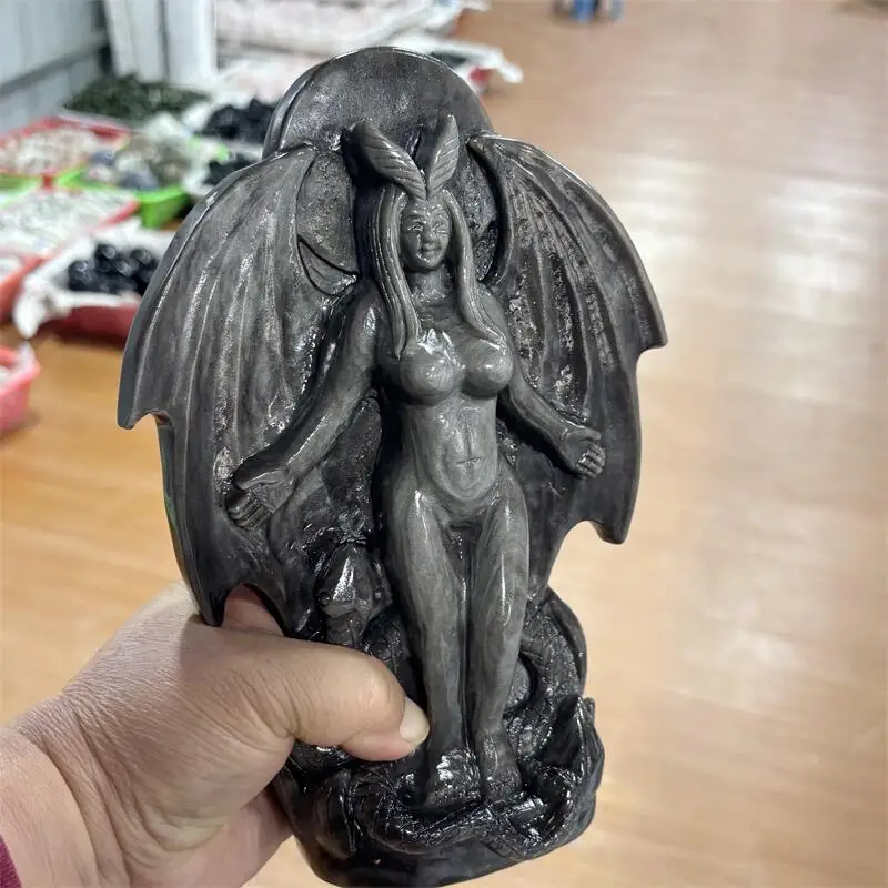 Natural Silver Obsidian Female Demon Statue Healing Fengshui Reiki Stone DIY Ornament Holiday Crafts Gift 1PCS