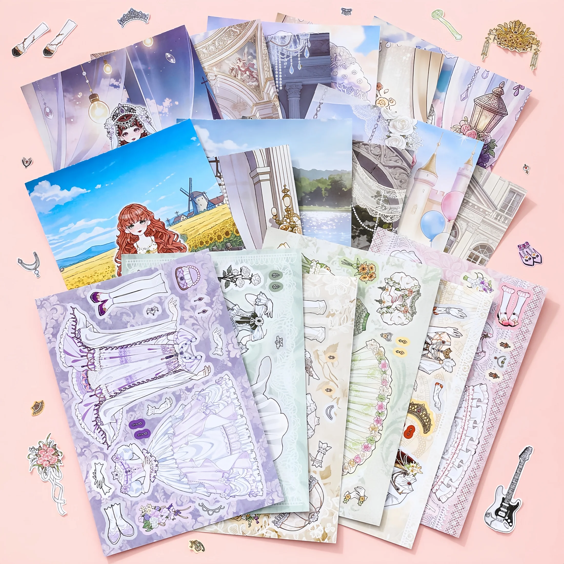 Girl's Dress-Up Stickers, Floral-Themed Wedding Attire, Miniature Scene Makeup Game Journal, Decorative Stickers