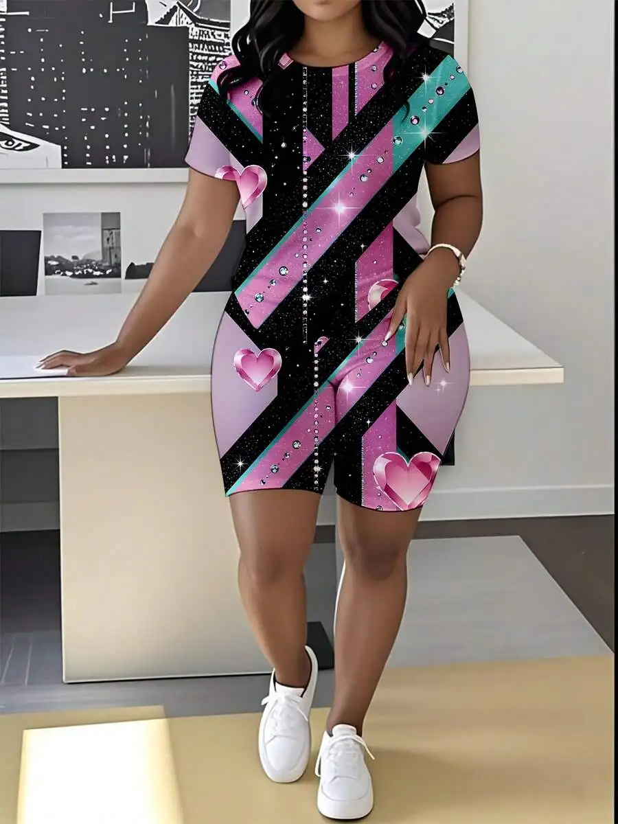 

Women Short Sleeve Shorts Set Pink Black Teal Geometric Heart Print Sparkle Casual Outfit