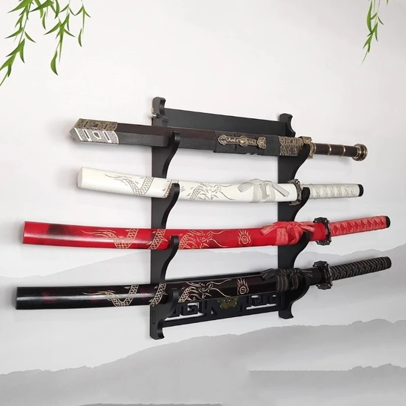 4 Layers Wall Mount Katana Holder Wooden Stand Holder Display Wall Rapier Support Katana Umbrella Shelf Organizer-A27R